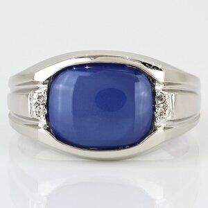 C.1959 Men's 10K White Gold Lab-Created Star Sapphire & Diamond Vintage Ring